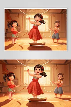 AI数字艺术卡通跳绳的小女孩插画-众图网