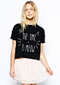 Black Letter Print Round Neck Straight Cotton T-Shirt