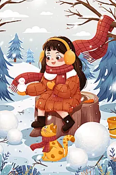 冬季风雪堆雪人可爱卡通风景插画
