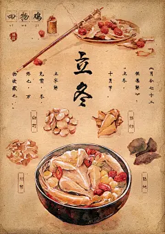 立冬。立，建始也，表示冬季自此开始。有“迎冬”“补冬”习俗，南方多热补，多爱吃些鸡鸭鱼肉，在台湾立冬这一天，许多家庭会炖“四物鸡”来补充能量。“四物汤”是中医补血、养血的经典方药，四物指当归、川芎、芍药、熟地四味药组成，配合鸡肉炖制，是初冬的进补佳品。#24节气美食图##立冬#-林Caroline