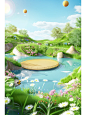 Using a reference image as an example, render a 3D scene of spring atmosphere, a cartoon and interesting animation scene. There is a small stream in the outdoor grassland, a circular platform on the lake surface, some small flowers with zero micro landsca