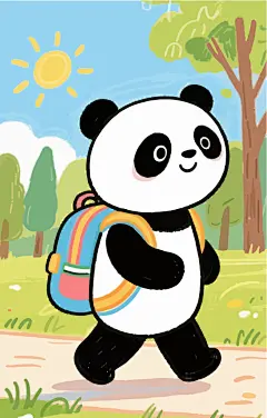 卡通大熊猫背书包去上学