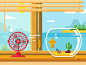 Fan and aquarium on windowsill