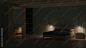 Modern bedroom interior with blue walls. Night. Evening lighting. 3D rendering.