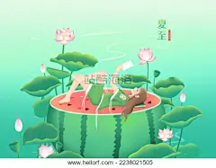 #夏天##夏至##小暑##大暑##节气插画#
夏天躺在荷塘西瓜上的女孩节气插画