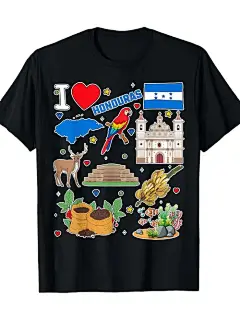 洪都拉斯手绘符号，洪都拉斯地图，文化图标t恤，100%棉