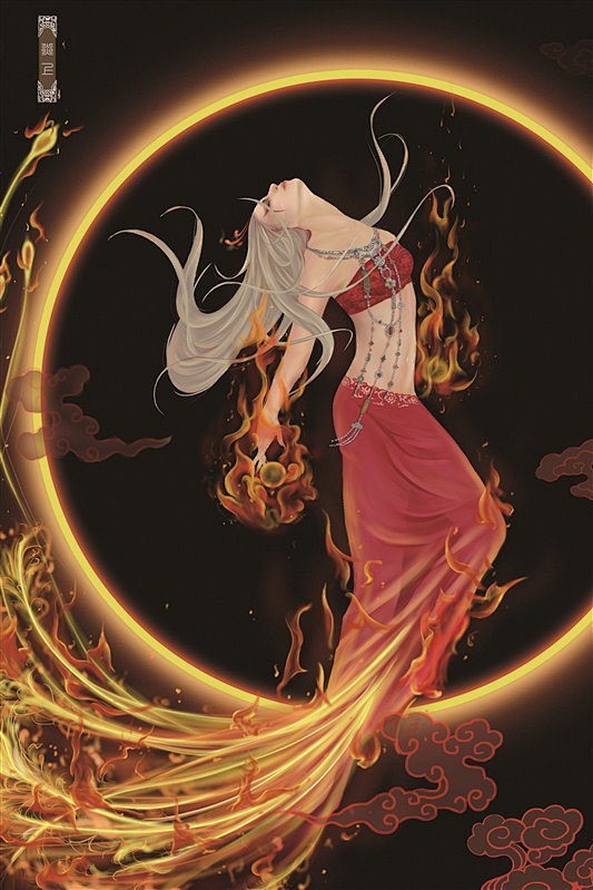 原创浴火凤凰插画手绘古风