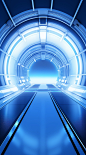 A futuristic elevator shaft through a dark blue tunnel, in the style of light sky-blue and light white, circular abstraction, sleek metallic finish, digital constructivism, futuristic cityscapes, chrome-plated, innovating techniques