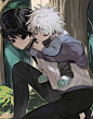 two anime characters hugging each other in the woods