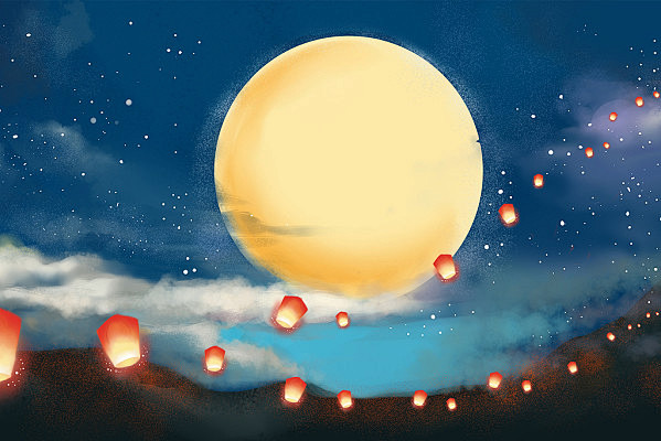 手绘唯美中国风中秋节月圆之夜素材