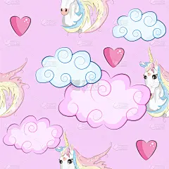 云,独角兽,星星,四方连续纹样,儿童,婴儿,女孩,夜晚,粉色,纺织品