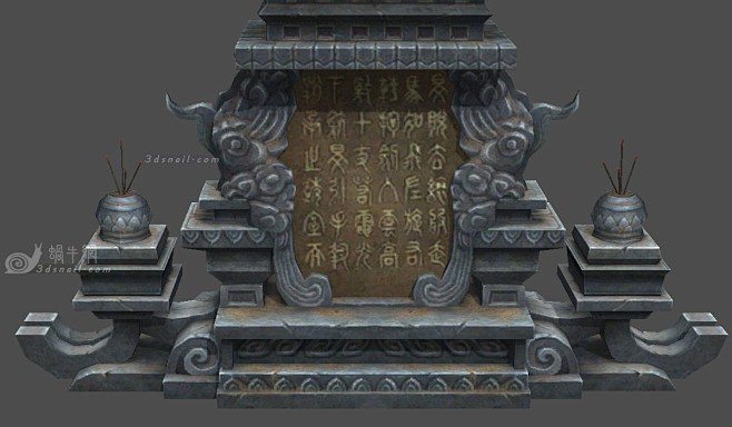青石碑碑文墓碑经文佛像焚香香炉祥云场景建筑蜗牛模型网www3dsnail
