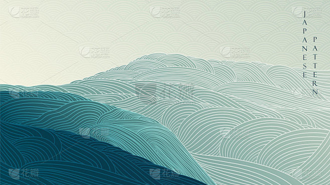 抽象景观背景与日本波浪模式向量。复古风格...