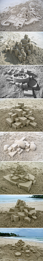 [【艺术创意】沙雕艺术作品] 来自艺术家Calvin Seibert的沙雕作品，不同往繁复精细的沙雕，几何形体的堆砌似如当代雕塑。
