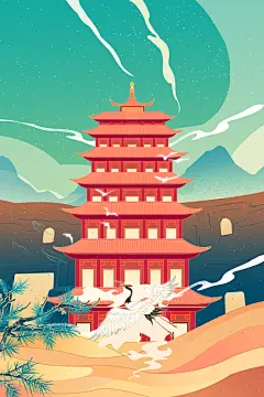 国潮风城市地标建筑插画