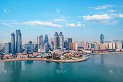 航拍青岛城市风光和金融区的现代建筑