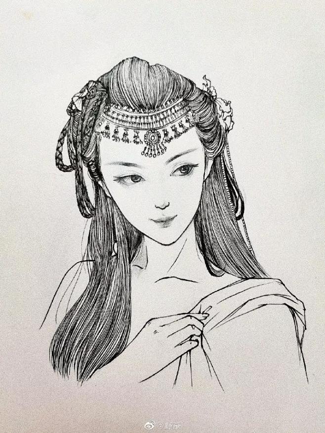 五官头发头饰刻画精致一些肮欧缑廊顺し⑺孛杌衩廊白描白描女孩