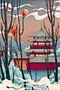 中国古风城市建筑地标国潮插画PSD分层海报设计素材手绘背景模板
