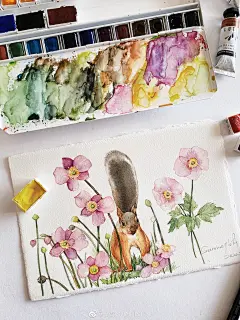 花卉与动物 小松鼠的春天 水彩插画