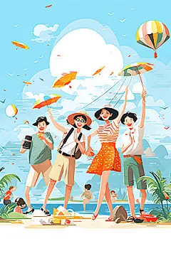 暑假旅游毕业旅行水彩插画