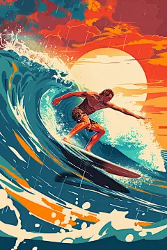 扁平风冲浪海边夏天插画