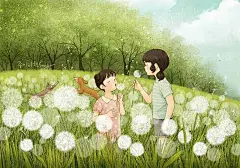  【韩国插画师paper_fly07的充满温情的插画作品】
这是插画师关于童年的回忆画卷，展示了自己与姐姐一起愉快玩耍、快乐成长的美好童年时光。画面里的场景，大多和大自然有关，一方面展示了无限的自由、年轻的生命力，一方面也是在表现自己最是无忧无虑的成长环境。几乎每一个画面都记录了和姐姐一起做游戏、画画、捉迷藏等充满童趣的小事件。无不流露出姐姐对自己无微不至的照顾、陪伴。姐妹情深，绵延、细腻、纯洁、美好。
