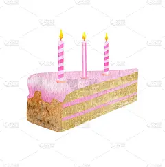 水彩画的生日蛋糕和3支蜡烛。手绘可爱饼干蛋糕片与粉红色釉面