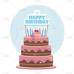 平面生日蛋糕与顶部矢量插图