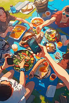 夏日聚会自拍友情插画