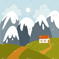 向量景观与雪山，太阳和白色的房子在绿色的小山。通往山上小屋的路。矢量手绘插图。