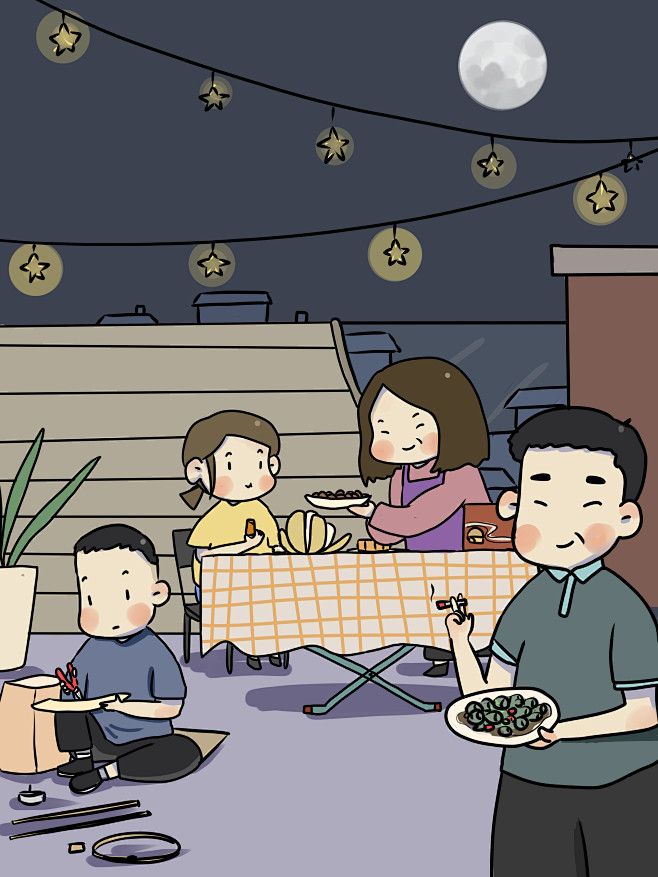描述中秋节一家人团聚赏月的场景