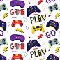 Gamer pattern seamless print with game controller for boys tshirt console video game graffiti with joystick bright gamepad decor textile wrapping paper wallpaper vector print