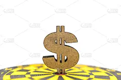 商业计划，金钱，目标概念。特写木美元标志上的红点中心黄色和黑色的飞镖在白色的背景。