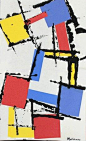 Mondrian. Cardboard edge for printing with black tempera on primary collaged squares and rectangles.