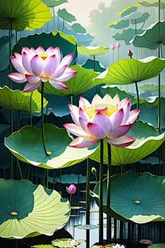 酷暑花朵荷花荷叶插画图片