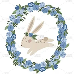 可爱的,卡通,花环,蓝色,小兔子,玫瑰,贺卡,复活节,背景分离,浪漫