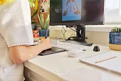 特写的年轻女子的手绘图在电脑上使用图形板