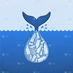 海洋塑料污染。生态的海报。鲸鱼的尾巴和袋子，塑料瓶子和垃圾在蓝色背景。塑料的问题。