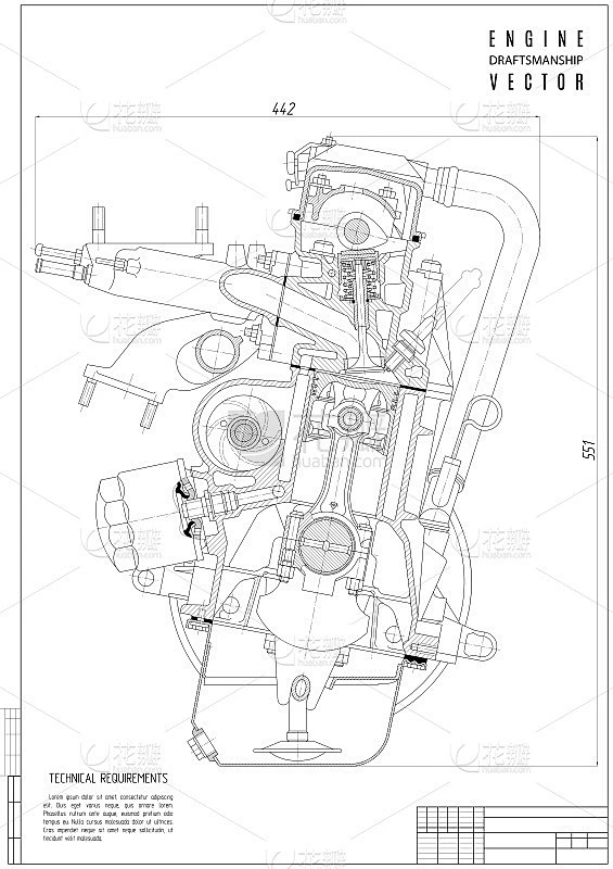 technical drawing of the engine, construction proj素材-花瓣网