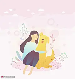 女孩狗狗 手写手绘 暖心陪伴 关心关爱插图插画设计AI tid111t002270 人物插画 亲子活动