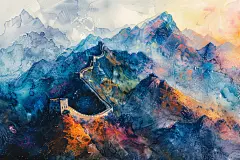 新中式彩绘长城绘画图片