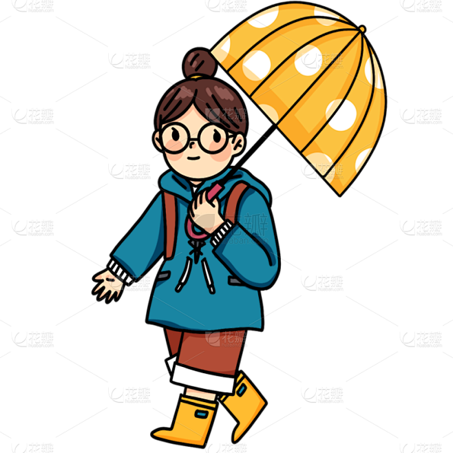 手绘卡通风人物插画-打伞