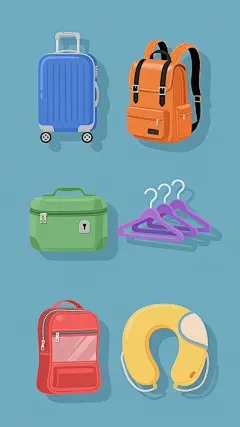 插画风格的系列旅行装备集合，六个不同元素规整排布于纯色背景上。第一个是蓝色系圆角矩形登机箱，带银色拉杆和万向轮；第二个是橙色系皮质双肩背包，有黑色织带和金属搭扣；第三个是绿色系硬质旅行洗漱包，带提手和密码锁；第四个是紫色系折叠衣架套装，五个一组整齐排列；第五个是红色系防水旅行收纳袋，带透明窗口和压缩拉链；第六个是黄色系便携旅行枕，U型设计带可拆卸眼罩。所有元素保持统一的简约插画风格，平滑线条，均匀色块，轻微立体阴影，各自独立纯色背景，整体形成色彩明快的旅行装备系列展示。
