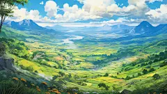 乡村田野风光风景插画