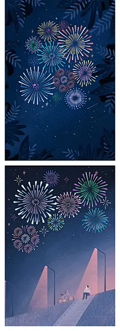 扁平浪漫城情侣市烟花夜空夜景公园天台户外屋顶插画PSD设计素材-淘宝网