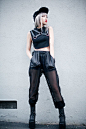 Ennui: Collared Crop Top, Collar Harness, Permafrost pants, Boyle Platform and Viking Cap - by Essy N.