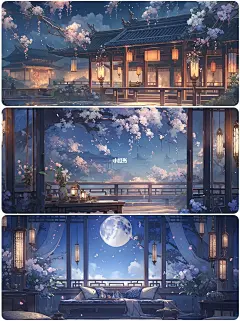 AI古风建筑素材 庭院夜景插画设计 背景临摹图 影视游戏场景资源-花瓣网