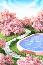 樱花季水池场景春天春季粉色赏花公园图片_潮国创意