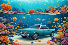 小车海洋插画图片