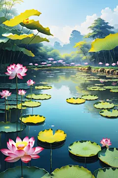 暑假湖面荷花荷叶插画图片